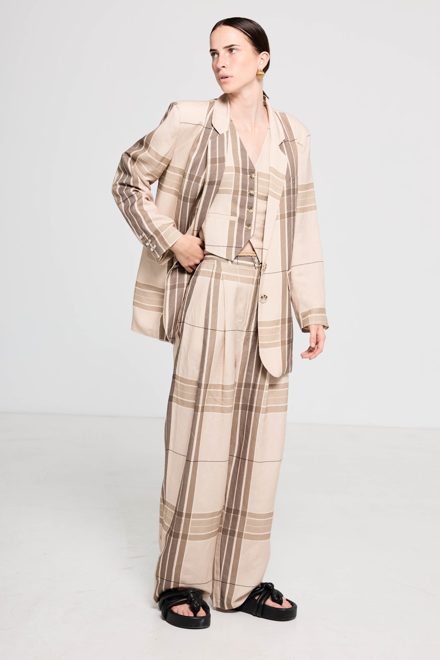 Palazzo Pant - Camel Check Linen