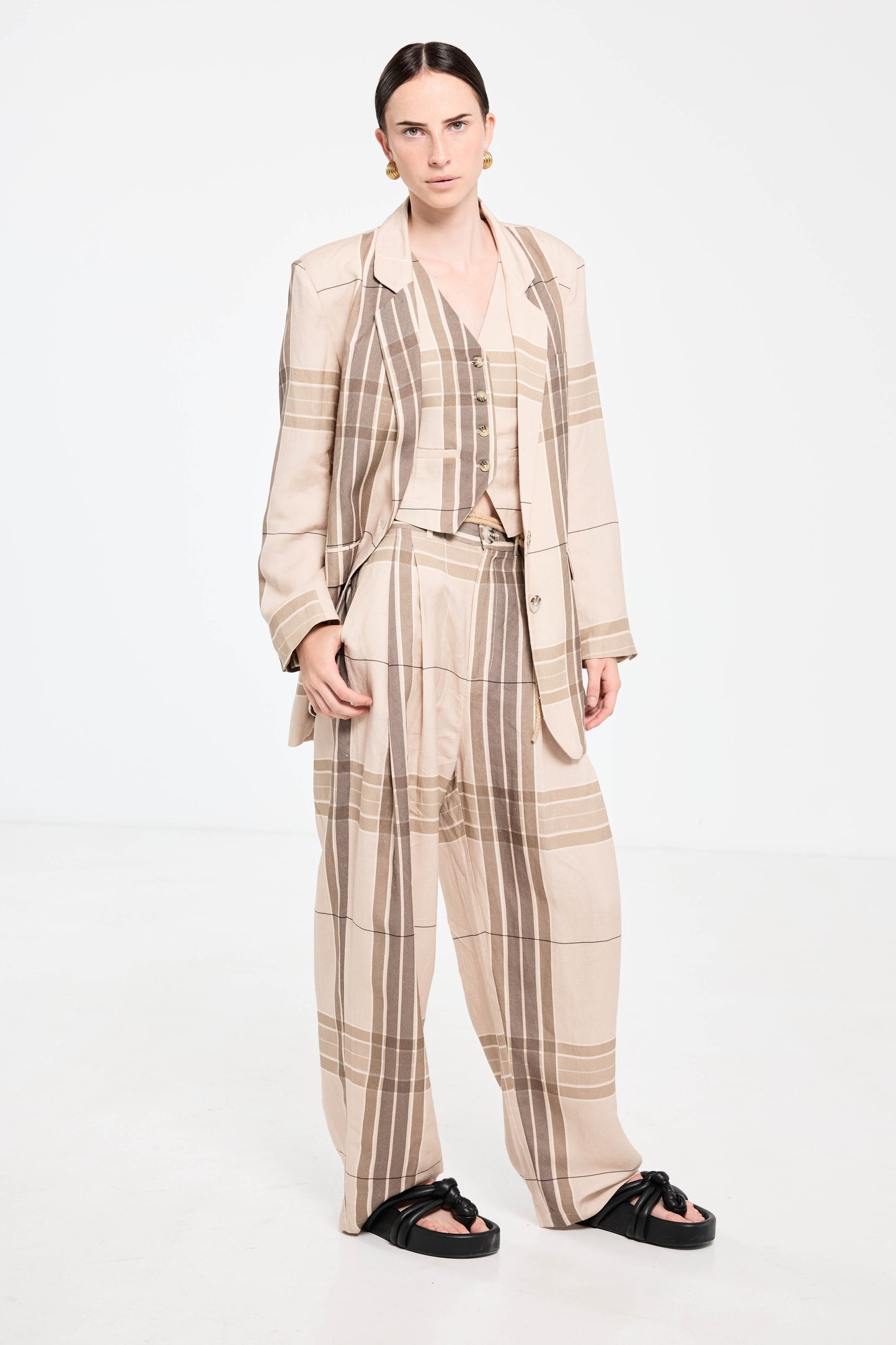 Palazzo Blazer - Camel Check Linen