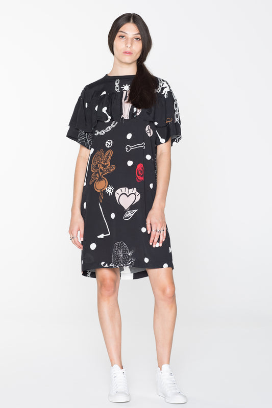 CREATURES TEE DRESS - BLACK CHAIN N HOUND PRINT
