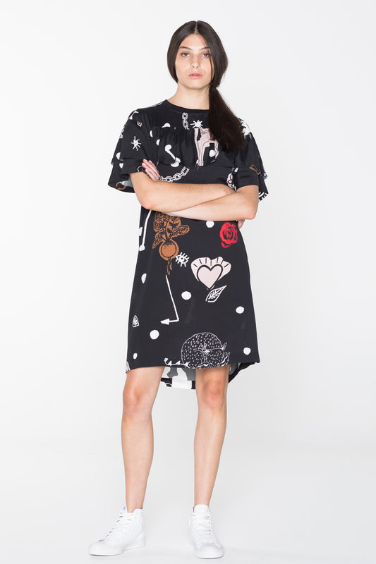 CREATURES TEE DRESS - BLACK CHAIN N HOUND PRINT