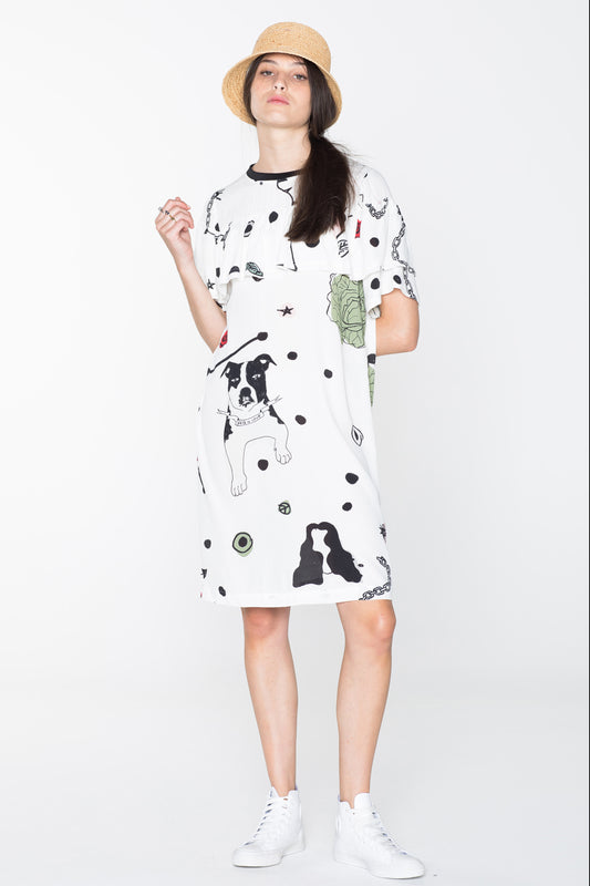 CREATURES TEE DRESS - WHITE CHAIN N HOUND PRINT