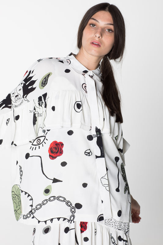 CREATURES BLOUSE - WHITE CHAIN N HOUND PRINT
