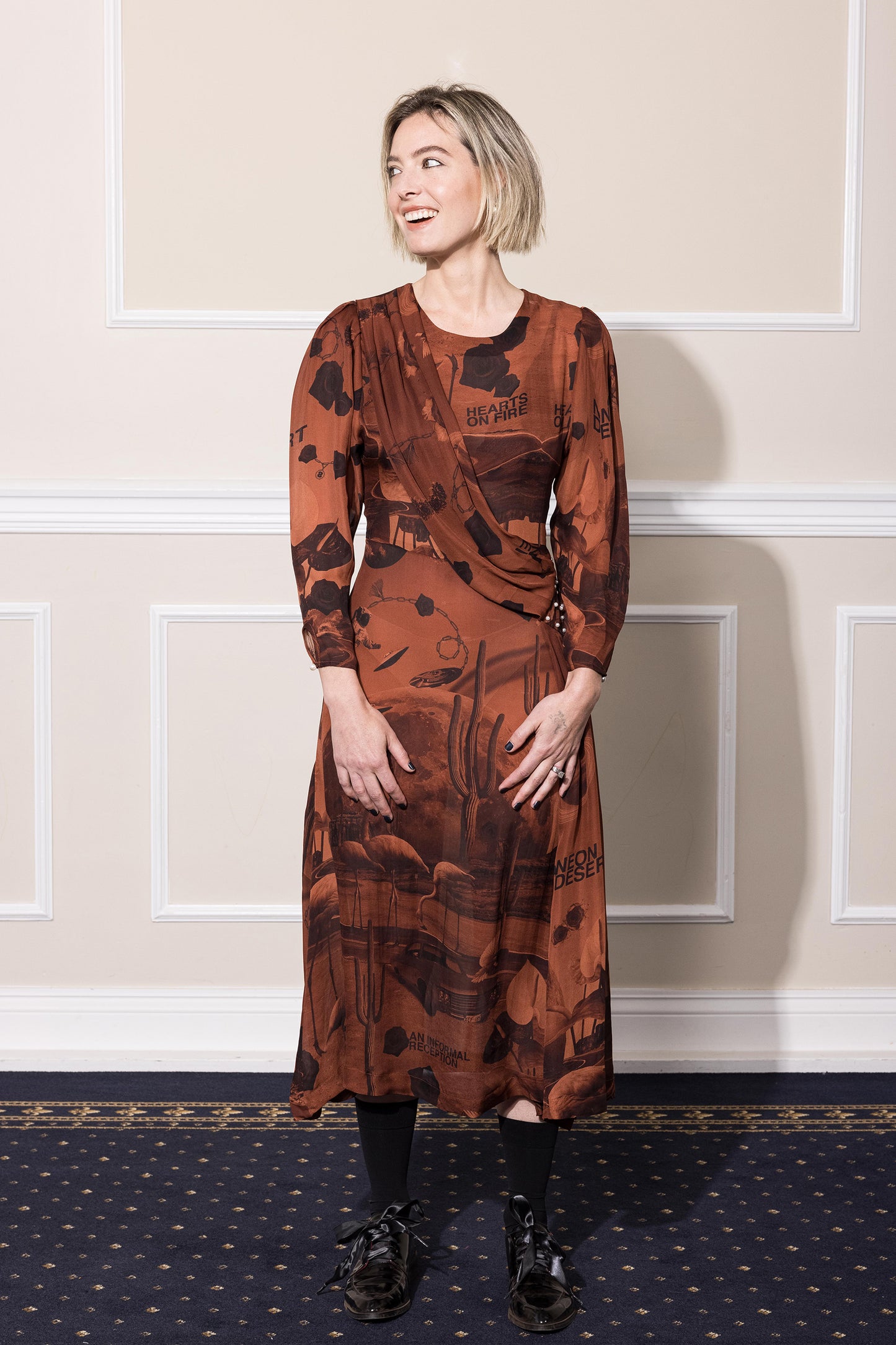 SERANADE SATURN DRESS REDWOOD PRINT SILK