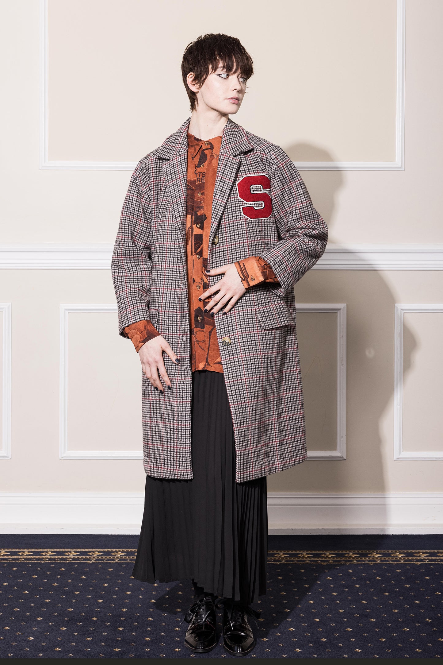 UFO WOOL COAT - GREY RED CHECK