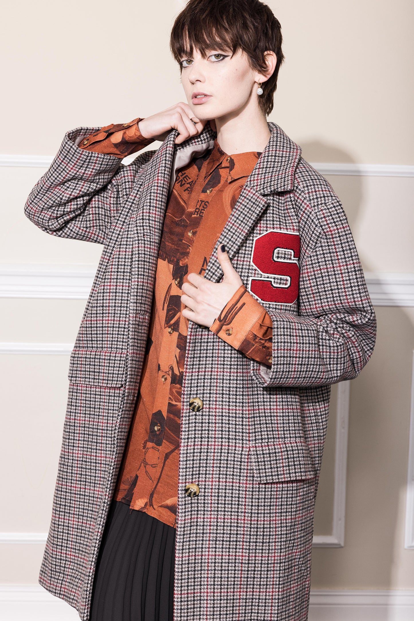 UFO WOOL COAT - GREY RED CHECK