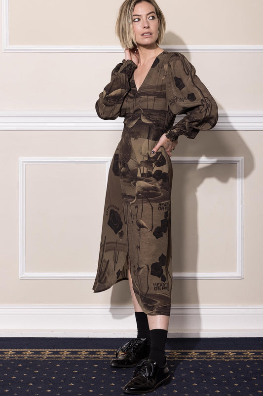 HEARTS ON FIRE WRAP DRESS -  CHOCOLATE PRINT