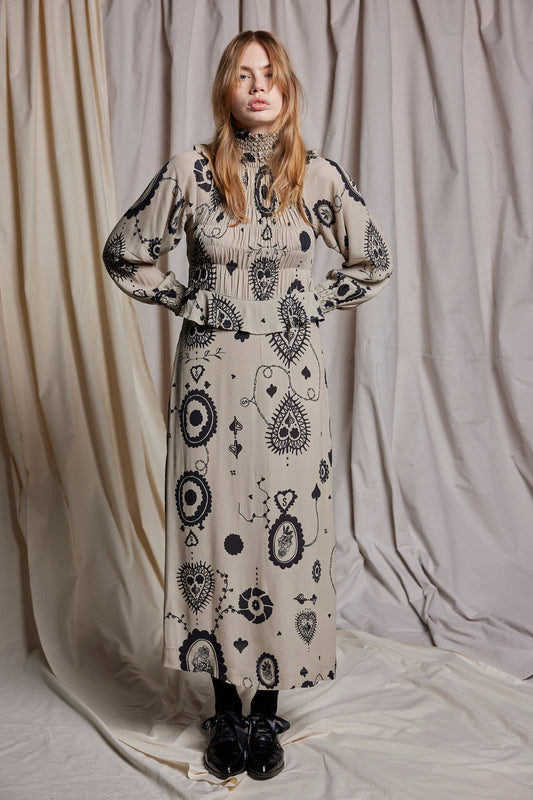 FEMME FATALE DRESS - STONE CAMEO PRINT